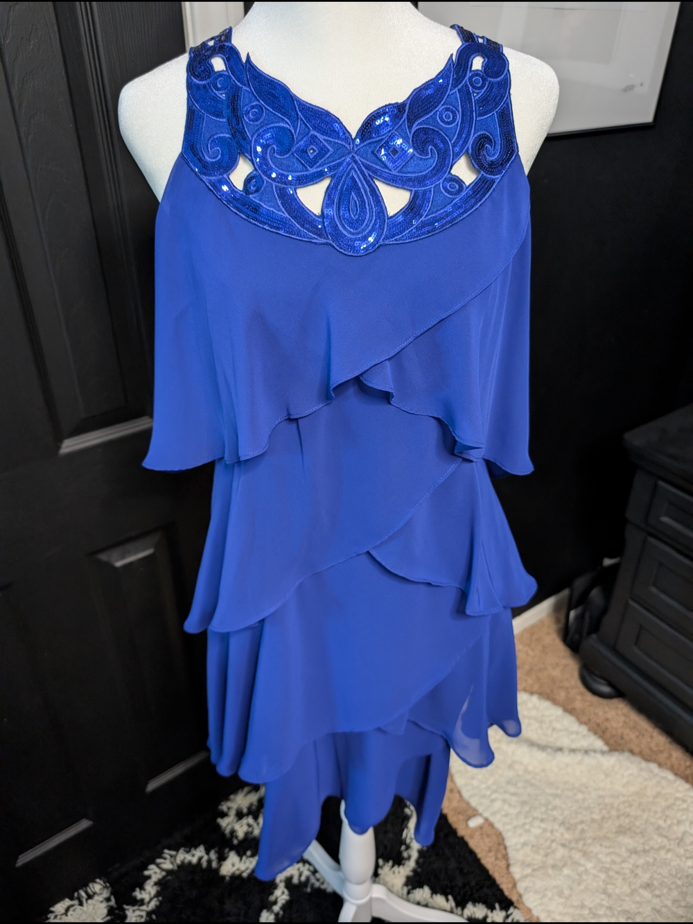 SLNY Royal Blue Beaded Halter Tiered High-Low Dress